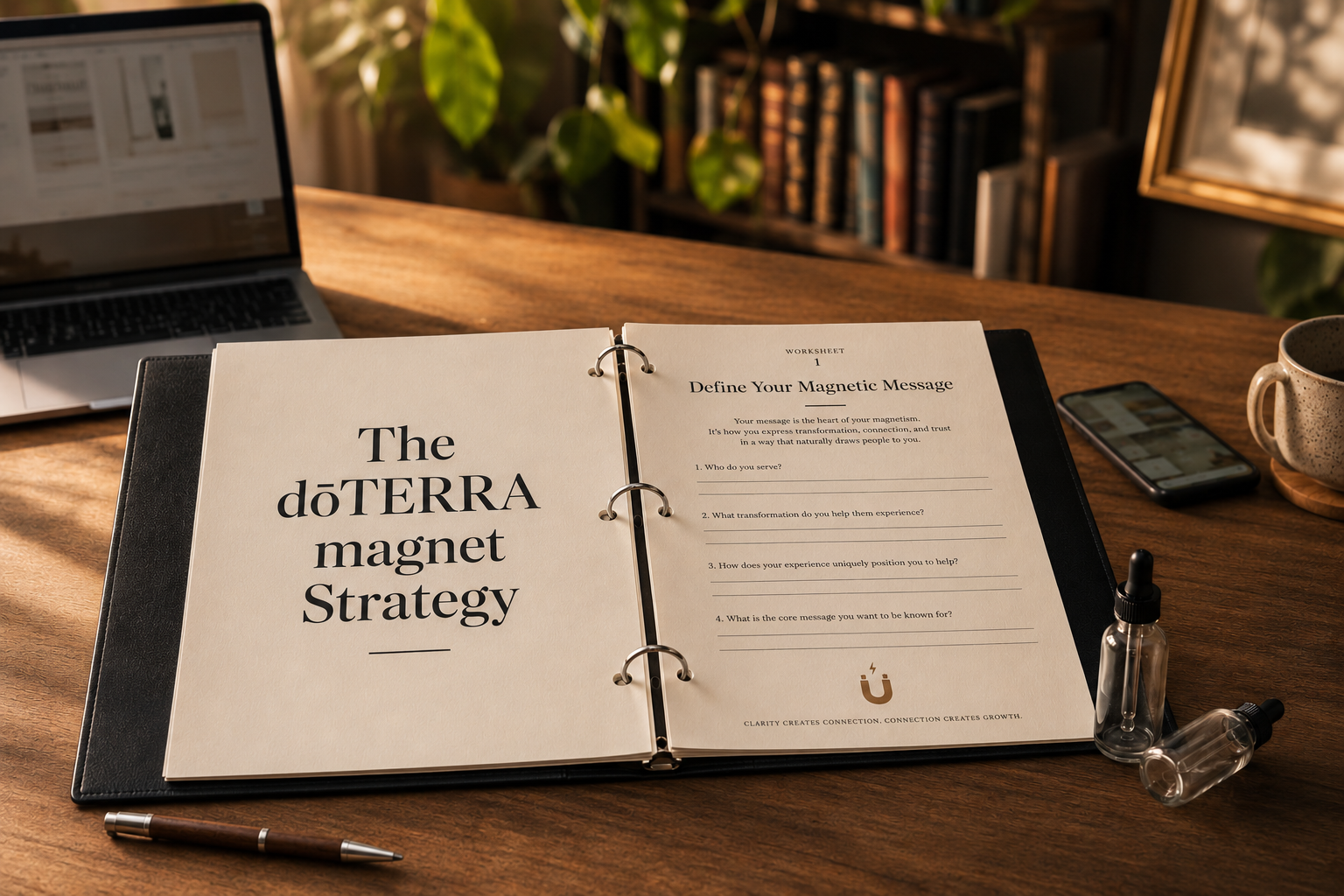 The doTERRA Magnet Strategy workbook open on a desk